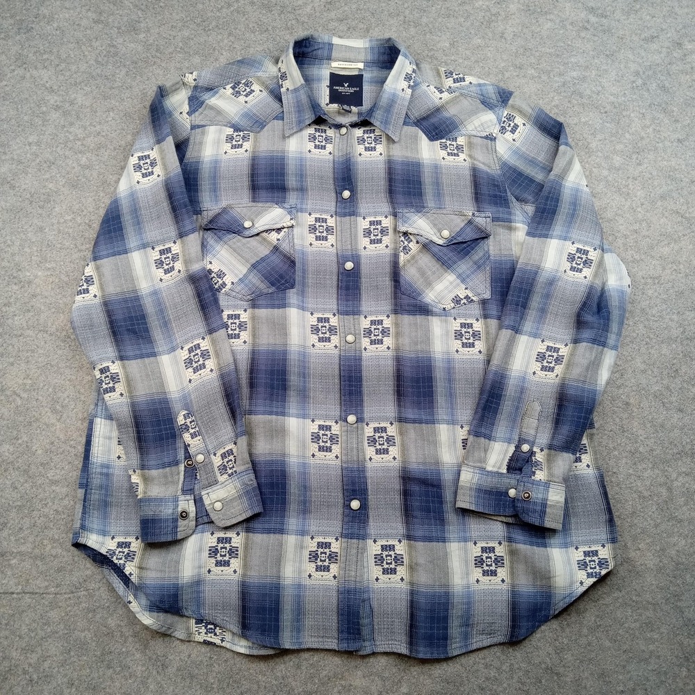 American Eagle Shirt Womens XL Plaid Boyfriend Pearl Snap Western Outfitters AEO
